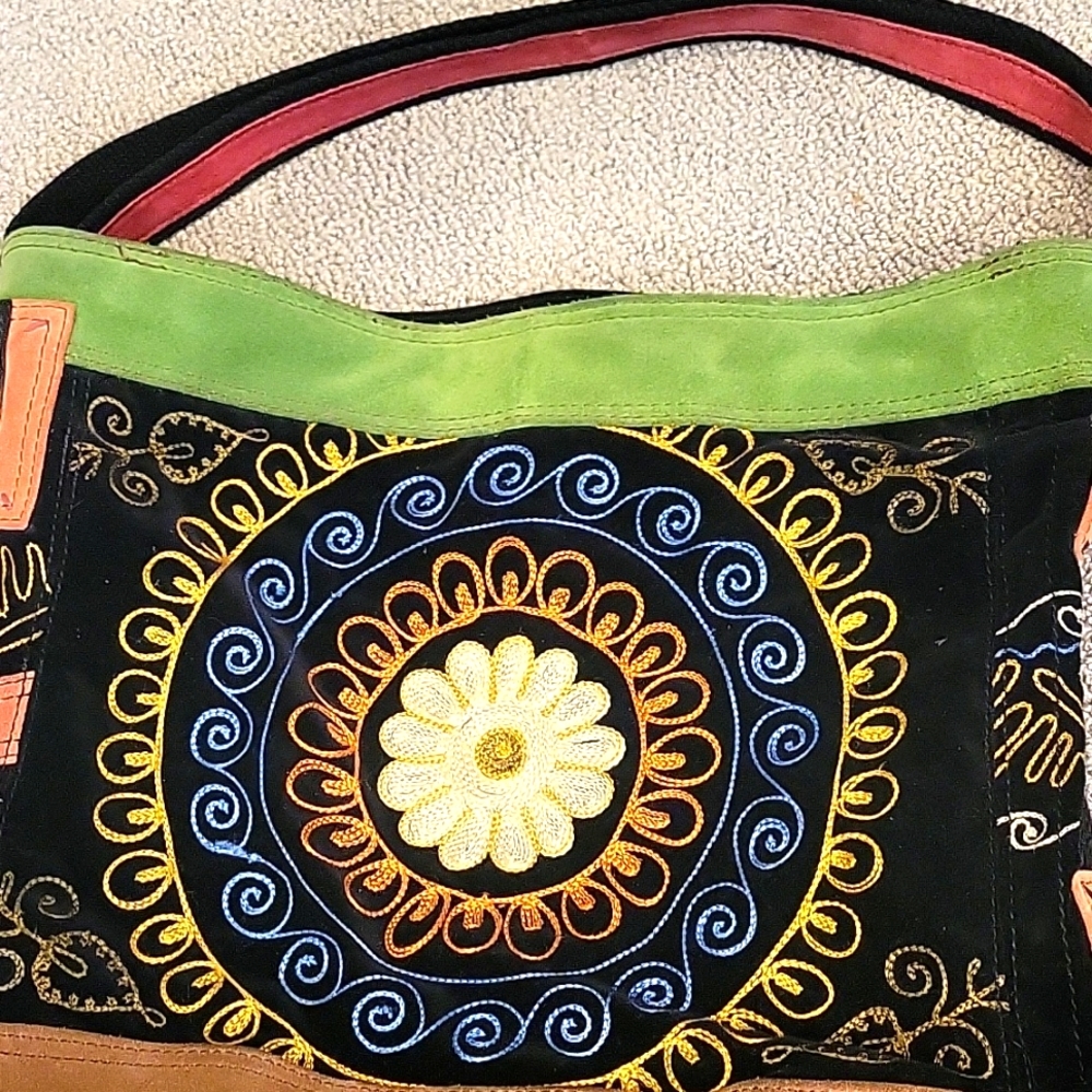 Lucky Brand Cow Leather Velvet Bucket Bag Purse Multicolored Floral